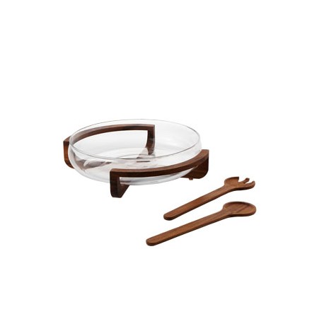 Fusion Salad Set with Servers on Wooden Stand w/Glass Bowl 14" :Clear (Handmade Hot-cut Glass)